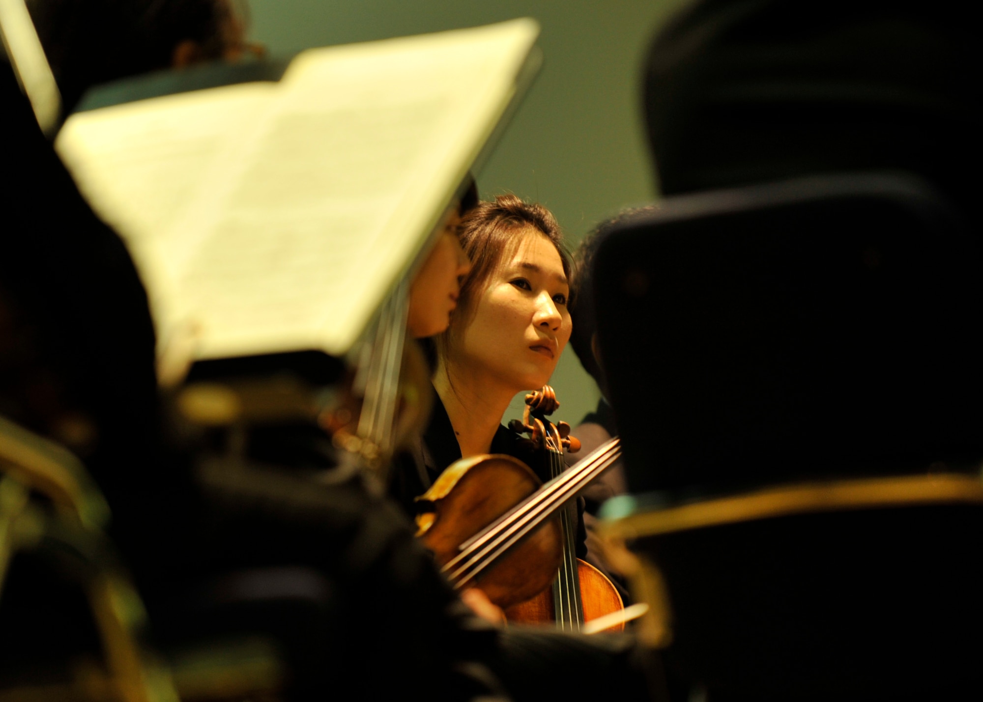 A Member of the Gyeonggi Philharmonic Orchestra prepares to perform at the base theater on Osan Air Base, Republic of Korea, May 31, 2013. During the concert, which was open to all Osan members, the orchestra performed classic sets from different plays, operas and ballets. (U.S. Air Force photo/Senior Airman Siuta B. Ika)