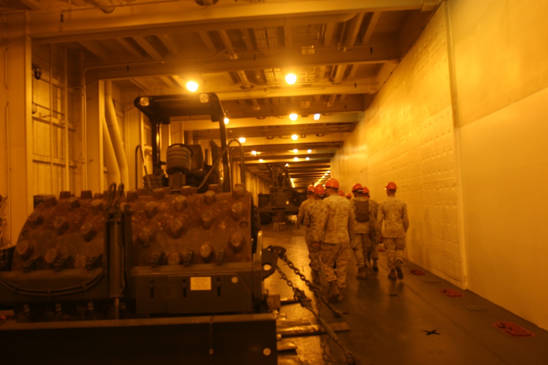 Marines from II Marine Expeditionary Force toured the United States Naval Ship Dahl during a Marine Prepositioning Exercise conducted aboard Marine Corps Support Facility Blount Island, Fla., May 25, 2013. A group of the Marines lived aboard the Dahl during the duration of the exercise and prepared cargo to be offloaded. (U.S. Marine Corps photo by Lance Cpl. Shawn Valosin)