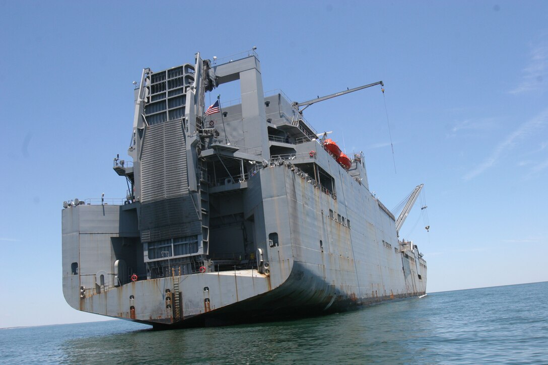 The United States Naval Ship Dahl, full of cargo on multiple levels, anchors 10 miles off the Jacksonville, Fla. coast in preparation for a Marine Prepositioning Force Exercise conducted at Marine Corps Support Facility Blount Island, May 25, 2013. The USNS Dahl had recently returned from an exercise in Morocco. (U.S. Marine Corps photo by Lance Cpl. Shawn Valosin)