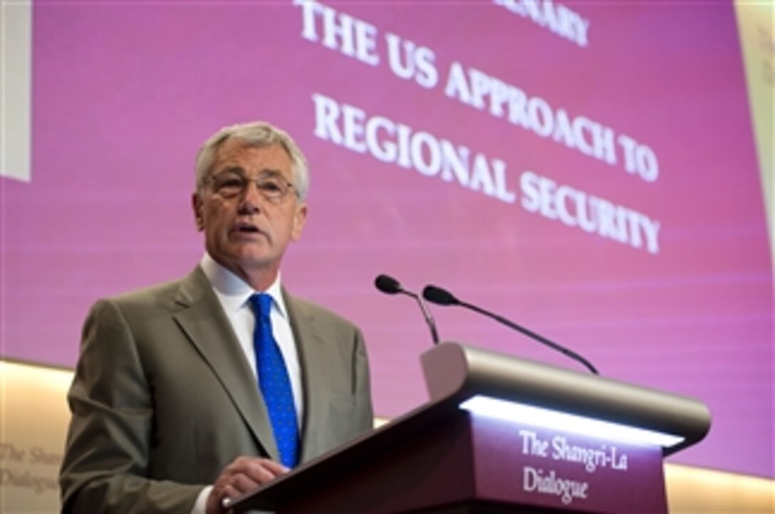 Secretary of Defense Chuck Hagel speaks at the opening plenary session of the Shangri-La Dialogue in Singapore, on June 1, 2013.  Hagel will meet with Asian defense ministers to discuss issues of mutual importance and then continue to Brussels for the NATO ministerial.  