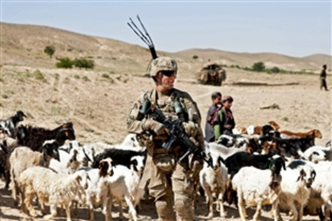 U.S. Army Spc. Kurt Anderson patrols outside a village in Zabul province, Afghanistan, May 26, 2013. Anderson, assigned to the 2nd Infantry Division's 2nd Squadron, 1st Cavalry Regiment, was part of an Afghan-led search for weapon and explosive caches during a joint operation.