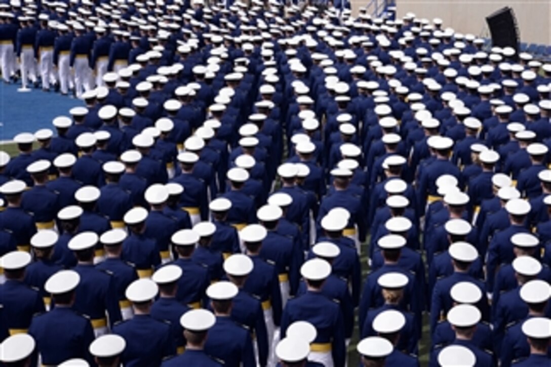 The U.S. Air Force Academy Class of 2013 marches into the Academy's Falcon Stadium for graduation ceremonies in Colorado Springs, Colo., on May 29, 2013.  The academy will graduate and commission 1,024 Air Force officers during the ceremony.  