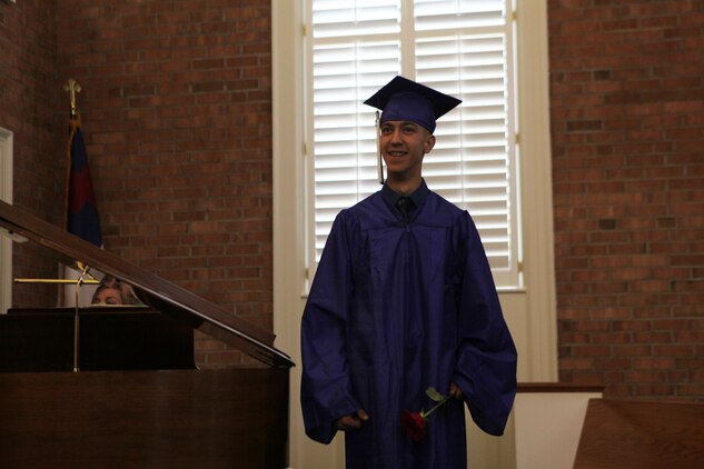 Steven C. James, a Nashville, N.C., native, smiles at his parents Larry and Michelle during the Christian Home School Association graduation in Rocky Mount, N.C., June 1, 2013. Steven graduated from home school after receiving many life threatening heart surgeries with the support of his family and the Marine Corps. 