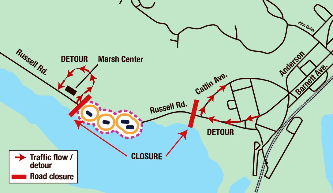 Russell Road and off-road trails between the Marsh Building and Catlin Avenue will be closed to all vehicles, bikers, joggers, pedestrians and hikers June 15-16, 2013, from 7 a.m. to 7 p.m. 

The closure is to accommodate archaeological work to ensure the area is clear of unexploded ordnance prior to starting the next phase of the Russell Road widening project. People needing to travel on mainside are advised to plan their trips using the accompanying map to avoid the work zone, which will be marked with barriers and orange fencing.