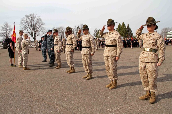 Drill instructors and corpsmen who participated in Recruiting Station Twin Cities' three-day mini boot camp received a meritorious mast for their efforts during the closing ceremony April 28. More than 650 aspiring Marines and guests attended the event. For additional imagery from the event, visit www.facebook.com/rstwincities. 