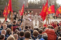 Drill instructors answer questions about recruiting training after Recruiting Station Twin Cities' mini boot camp closing ceremony April 28. More than 650 aspiring Marines and guests attended the event. For additional imagery from the event, visit www.facebook.com/rstwincities.