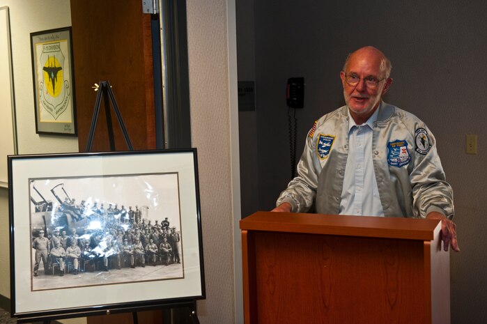 Doug Meroney, brother of Capt. Virgil Meroney, talks to attendees during the 433rd Weapons Squadron heritage hall dedication ceremony May 23, 2013, at the U.S. Air Force Weapons School on Nellis Air Force Base, Nev. The Department of Defense announced of the remains of Capt. Meroney and Col. Wendell Keller, members of the 433rd Tactical Fighter Squadron, had been found in October 2012. (U.S. Air Force photos by Senior Airman Brett Clashman)