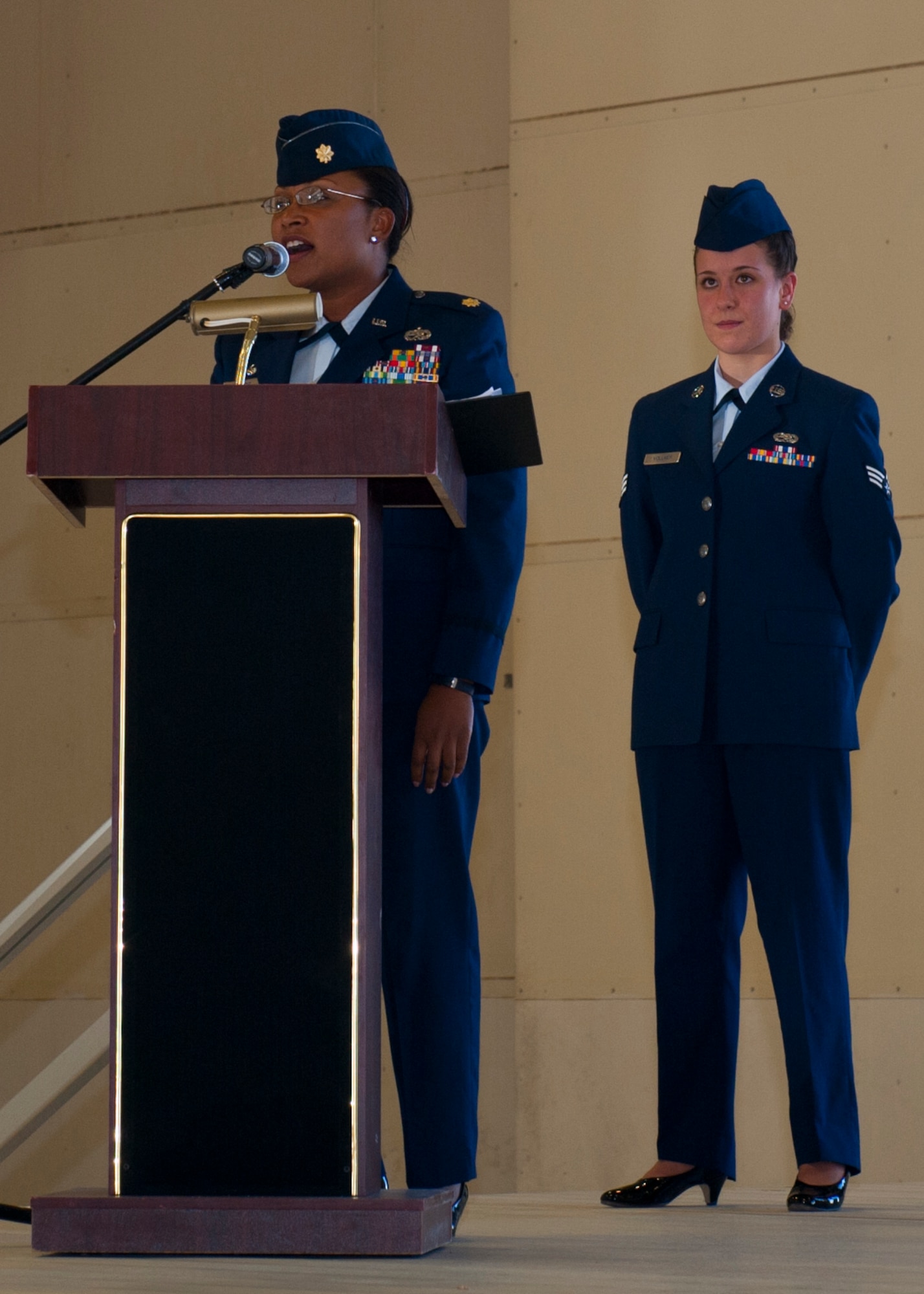 Maj. Jeurney  Meekins, 49th Maintenance Operations Squadron commander, gives her final remarks during the 49th MOS deactivation ceremony at Holloman Air Force Base, N.M., June 4. The squadron will become part of the 849th Aircraft Maintenance Squadron. (U.S. Air Force photo by Airman 1st Class Leah Murray/Released)  