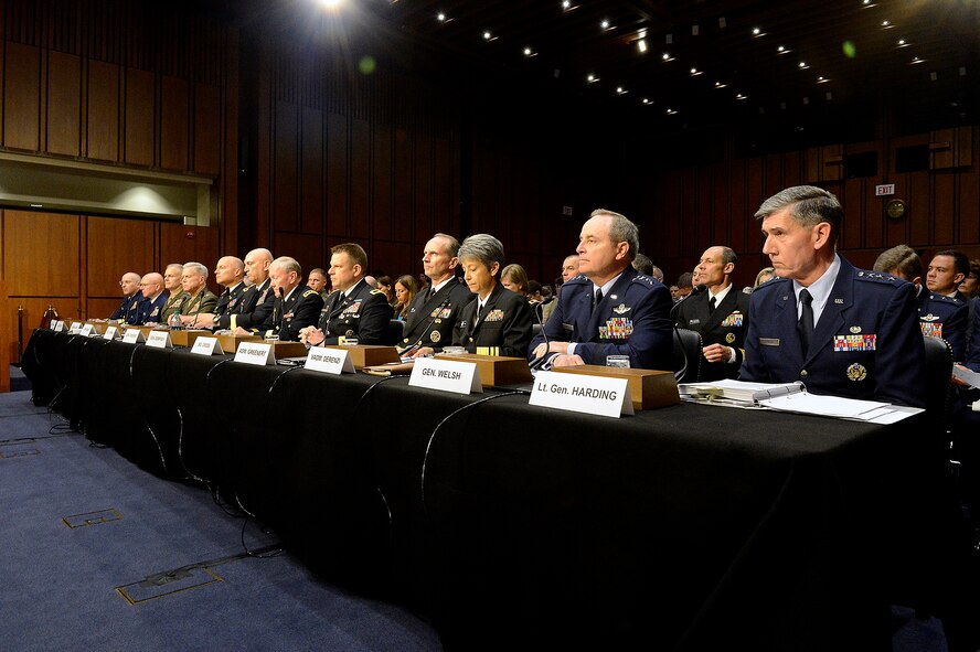 Air Force Chief of Staff Gen. Mark A. Welsh III and the Judge Advocate General Lt. Gen. Richard Harding appear before the Senate Armed Services Committee June 4, 2013, in Washington, D.C. During the hearing they testified alongside the chairman of the Joint Chiefs of Staff and the service chiefs from the other branches about combating sexual assault in the military. (U.S. Air Force photo/Scott M. Ash)