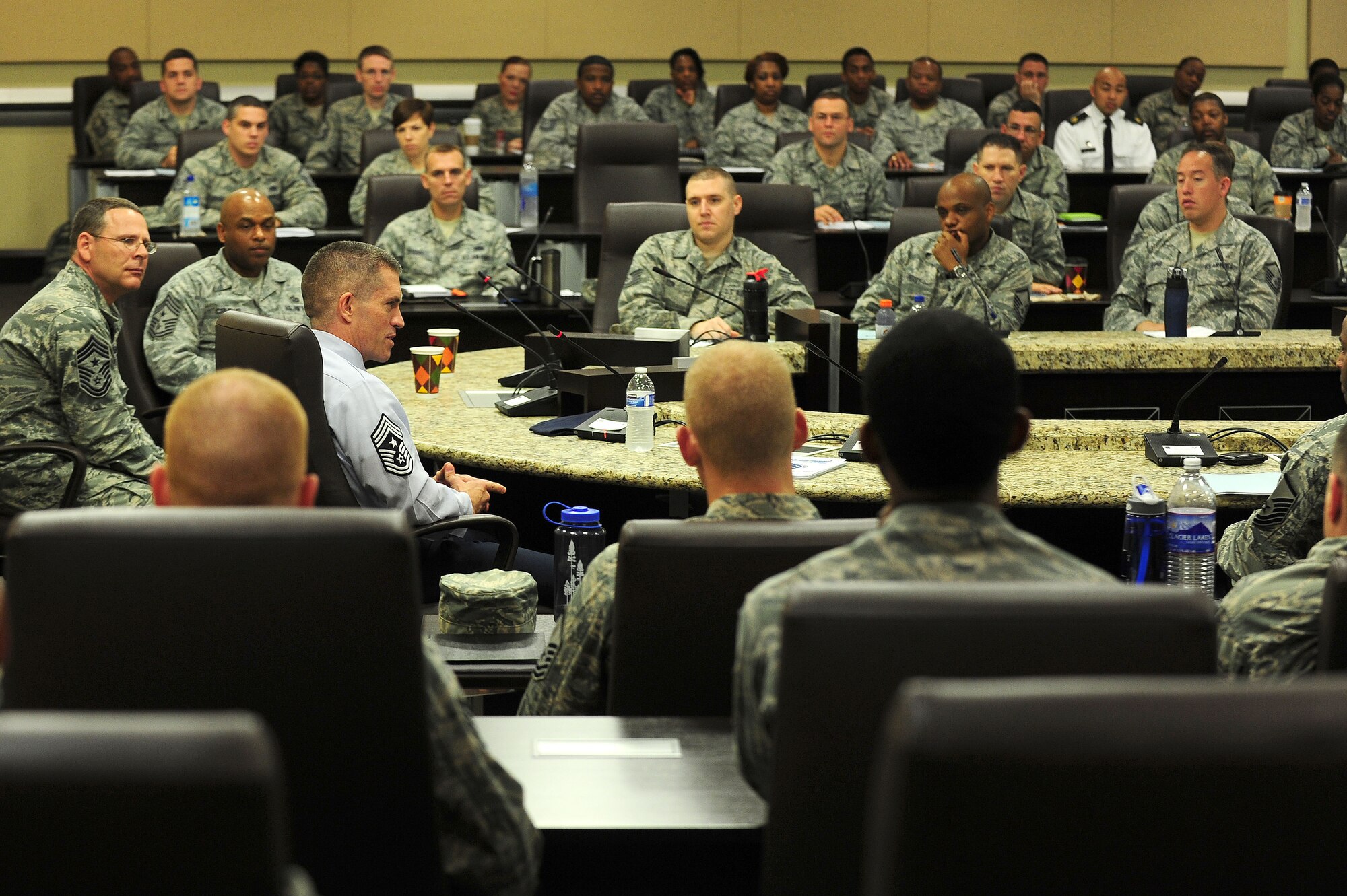 A command chief panel is held with National Capital Region NCOs during the 2013 Ultimate First Sergeant Seminar, May 22, 2013, at Joint Base Andrews, Md. The four-day seminar was open to National Capital Region Airmen and service members of any military branch in the grade of E6-E8. (U.S. Air Force photo by Senior Airman Steele C. G. Britton)
