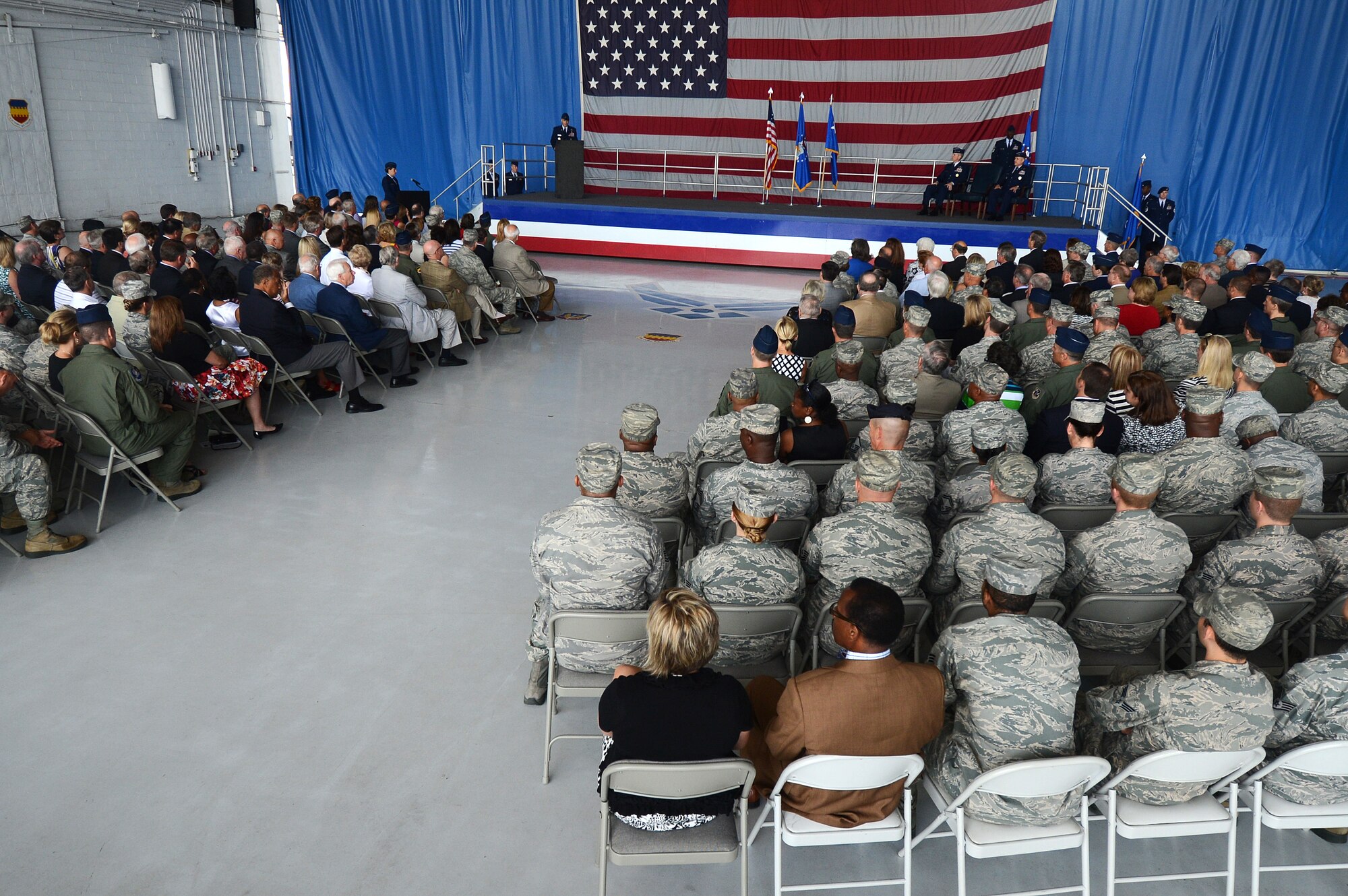 Team Shaw members and other Air Force and civilian personnel stationed around the world came out to support the 9th Air Force change of command ceremony at Shaw Air Force Base, S.C., May 31, 2013.  This ceremony acted as both a change of command and retirement ceremony for Maj. Gen. Lawrence Wells, who retired after 35 years of service. (U.S. Air Force photo by Airman 1st Class Daniel Blackwell)