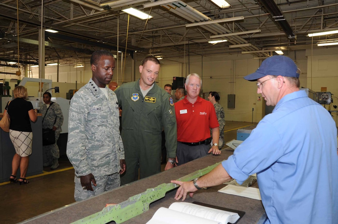 Visiting AETC Commander General Edward A.  Rice and 80th Flying Training
Wing commander Col. Lance Bunch walk through a tour of the 80th FTW
maintenance sheet metal shop on May 31, 2013 at Sheppard Air Force Base,
Texas.  The 80th FTW is home to the Euro-NATO Joint Jet Pilot Training
Program. (U.S. Air Force photo/Felton Joshua Jr.)
