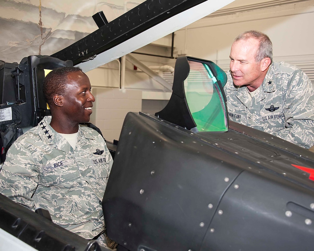Gen. Edward A. Rice Jr., Air Education and Training Command commander, tours
the F-22 training facility with Brig. Gen. Michael Fantini, 82nd Training
Wing commander, at Sheppard Air Force Base, Texas, May 30, 2013. Rice
visited the base for an in-depth look at training May 30-31.  (U.S. Air
Force Photo/Danny Webb)
