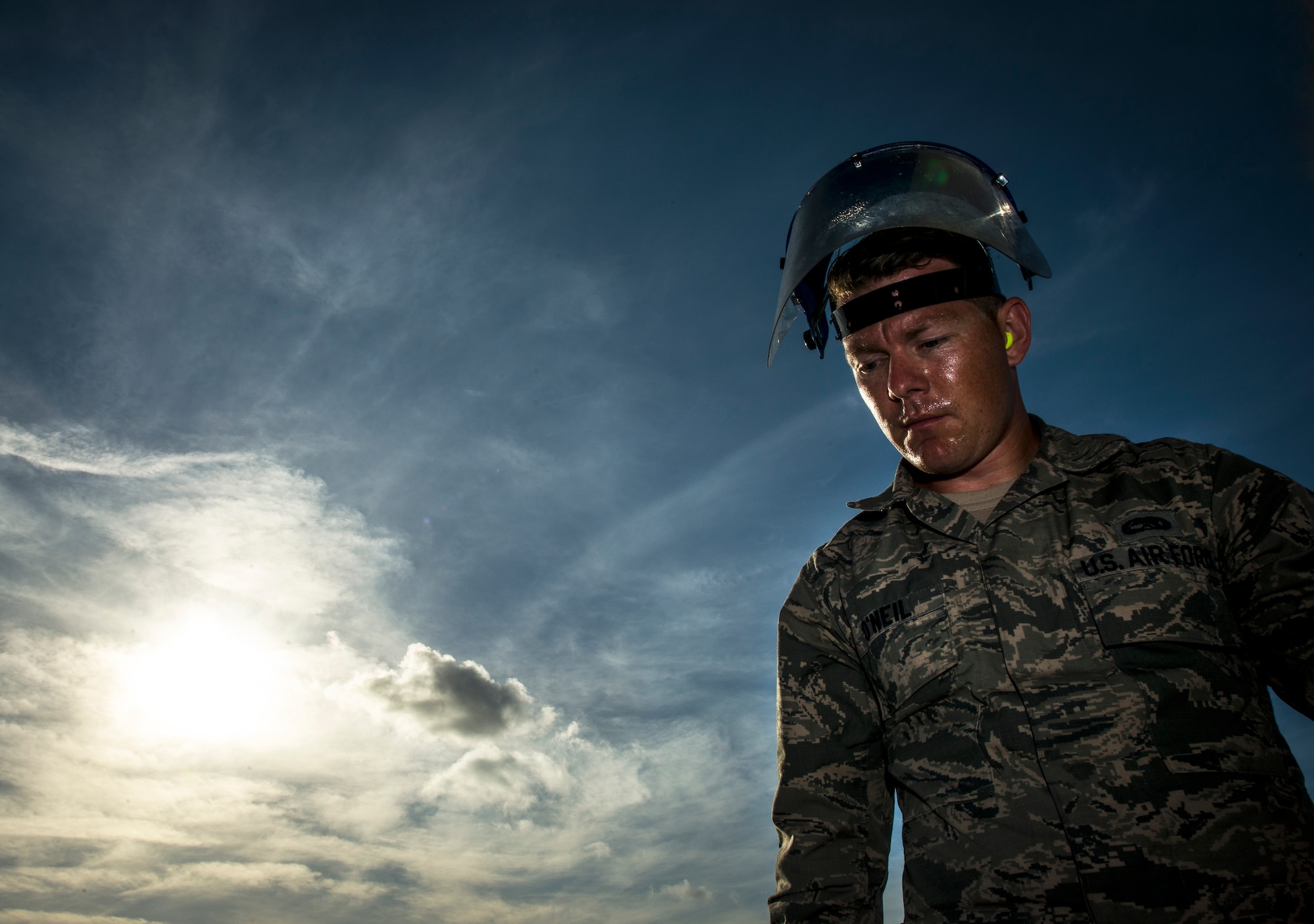 Senior Airman Jay O’Neil, 437th Aircraft Maintenance Squadron crew chief, performs the first recovery and maintenance checks on a new C-17 Globemaster III delivered May 30, 2013, to Joint Base Charleston – Air Base, S.C. The C-17 was piloted by Lt. Gen. Robert Allardice, Air Mobility Command vice commander. Joint Base Charleston is scheduled to receive the final C-17 later this year, as Boeing completes work on the Air Force’s last Globemaster. The first C-17 to enter the Air Force’s inventory arrived at Charleston Air Force Base in June 1993. The C-17 is capable of rapid strategic delivery of troops and all types of cargo to main operating bases or directly to forward bases in the deployment area. (U.S. Air Force photo/Senior Airman Dennis Sloan)
