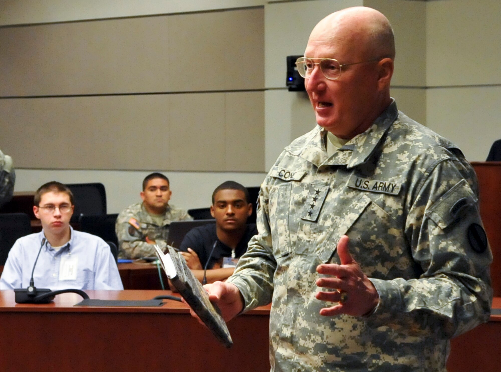 U.S. Army Gen. Robert W. Cone, commanding general of U.S. Army Training and Doctrine Command, addresses a group Delayed Entry Program members at TRADOC headquarters at Fort Eustis, Va., May 30, 2013. Cone talked to the future Soldiers about his career and the challenges he has faced, as well as some of the challenges they may face during their career in the Army. (U.S. Air Force photo by Staff Sgt. Wesley Farnsworth/Released) 