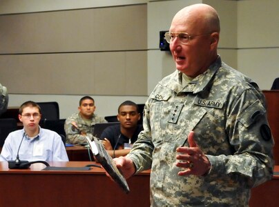 U.S. Army Gen. Robert W. Cone, commanding general of U.S. Army Training and Doctrine Command, addresses a group Delayed Entry Program members at TRADOC headquarters at Fort Eustis, Va., May 30, 2013. Cone talked to the future Soldiers about his career and the challenges he has faced, as well as some of the challenges they may face during their career in the Army. (U.S. Air Force photo by Staff Sgt. Wesley Farnsworth/Released) 