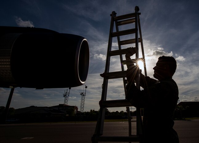 Senior Airman Jay O’Neil, 437th Aircraft Maintenance Squadron crew chief, performs the first recovery and maintenance checks on a new C-17 Globemaster III delivered May 30, 2013, to Joint Base Charleston – Air Base, S.C. The C-17 was piloted by Lt. Gen. Robert Allardice, Air Mobility Command vice commander. Joint Base Charleston is scheduled to receive the final C-17 later this year, as Boeing completes work on the Air Force’s last Globemaster. The first C-17 to enter the Air Force’s inventory arrived at Charleston Air Force Base in June 1993. The C-17 is capable of rapid strategic delivery of troops and all types of cargo to main operating bases or directly to forward bases in the deployment area. (U.S. Air Force photo/Senior Airman Dennis Sloan)