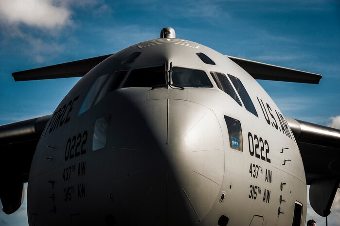 A new C-17 Globemaster III, piloted by Lt. Gen. Robert Allardice, Air Mobility Command vice commander, is delivered May 30, 2013, to Joint Base Charleston – Air Base, S.C.  Joint Base Charleston is scheduled to receive the final C-17 later this year, as Boeing completes work on the Air Force’s last Globemaster. The first C-17 to enter the Air Force’s inventory arrived at Charleston Air Force Base in June 1993. The C-17 is capable of rapid strategic delivery of troops and all types of cargo to main operating bases or directly to forward bases in the deployment area. (U.S. Air Force photo/Senior Airman Dennis Sloan)