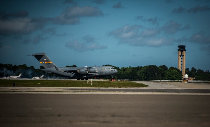 One of the last two C-17 Globemaster IIIs to be delivered to the U.S. Air Force, and flown by Lt. Gen. Robert Allardice, Air Mobility Command vice commander lands May 30, 2013, at Joint Base Charleston – Air Base, S.C. Joint Base Charleston is scheduled to receive the final C-17 later this year, as Boeing completes work on the Air Force’s last Globemaster. The first C-17 to enter the Air Force’s inventory arrived at Charleston Air Force Base in June 1993. The C-17 is capable of rapid strategic delivery of troops and all types of cargo to main operating bases or directly to forward bases in the deployment area. (U.S. Air Force photo/Senior Airman Dennis Sloan)