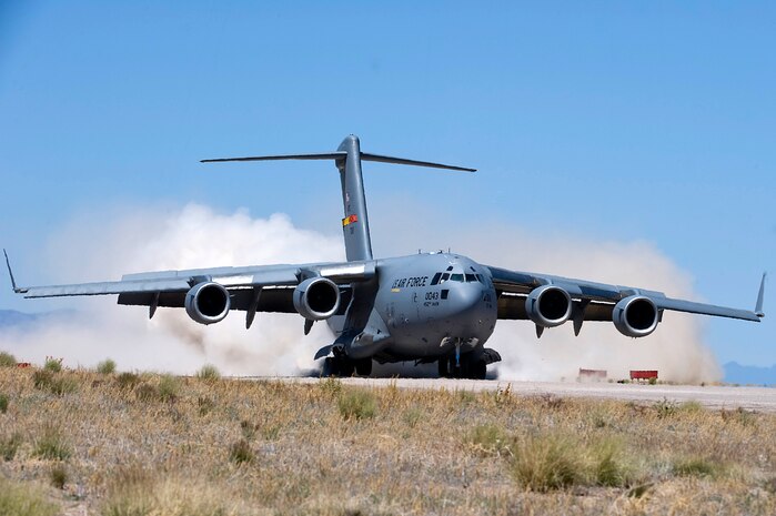 A C-17 Globemaster III lands onto an airstrip May 31, 2013, during the Joint Forcible Entry Exercise on the Nevada Test and Training Range. More than 30 aircraft participated in the JFEX. (U.S. Air Force photo by Senior Airman Matthew Lancaster)