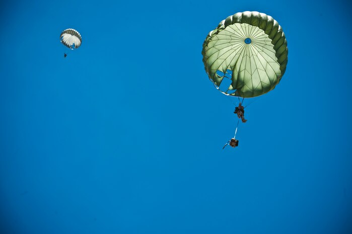 U.S Air Force Maj. Patrick Foley, 14th Air Support Operations Squadron air liaison officer, parachutes toward the ground May 31, 2013, during the Joint Forcible Entry Exercise on the Nevada Test and Training Range, Nev. Airmen from the 14th ASOS at Pope Army Air Field, N.C. provide air and space power expertise and integration to the 82nd Airborne Division. (U.S. Air Force photo by Staff Sgt. Michael Charles)