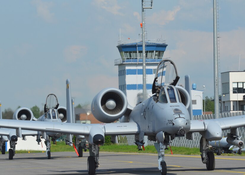 Four A-10C Thunderbolt II assigned to the 104th Fighter Squadron taxi on the flightline after a training mission preparing for the start of Saber Strike and landing at Amari Air Base, Estonia on June 2, 2013. The Maryland Air National Guard pilots will provide training and mentoring to the Estonian Air Force with their close air support aircraft. Saber Strike 2013 is a multinational exercise involving approximately 2,000 personnel from 14 countries and is designed to improve NATO interoperability and strengthen the relationships between military forces of the U.S., Estonia and other participating nations (U.S. Air National Guard photo by Capt. Joseph Winter)