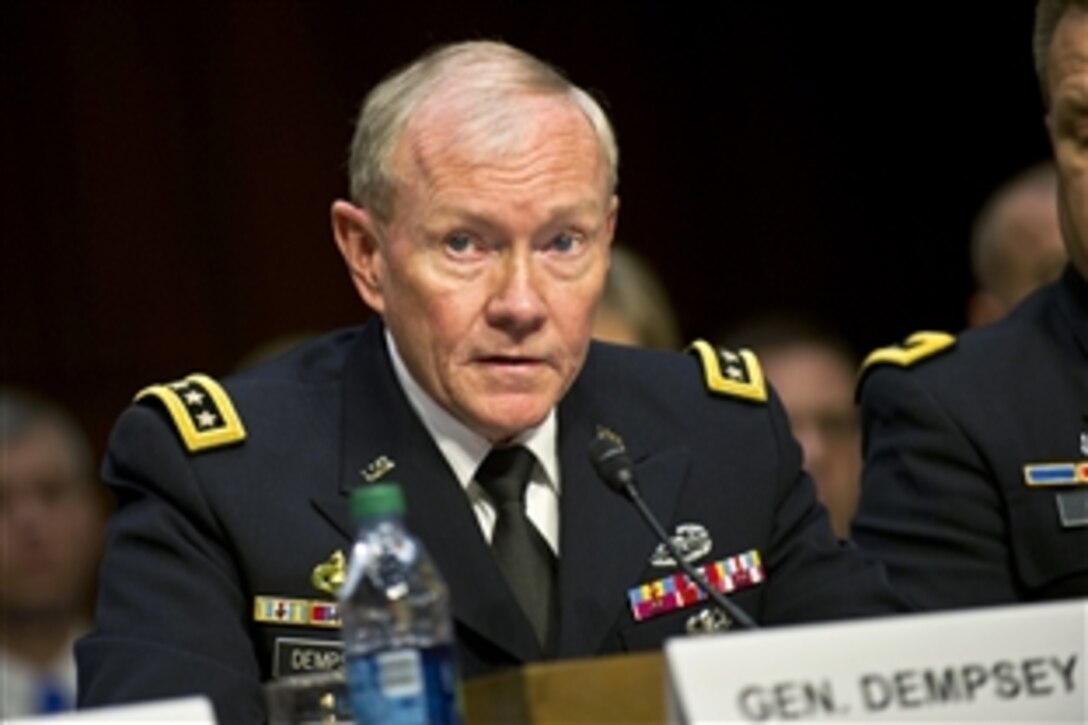 Army Gen. Martin E. Dempsey, chairman of the Joint Chiefs of Staff, testifies on sexual assault in the military before the Senate Armed Services Committee in Washington, D.C., June 4, 2013.