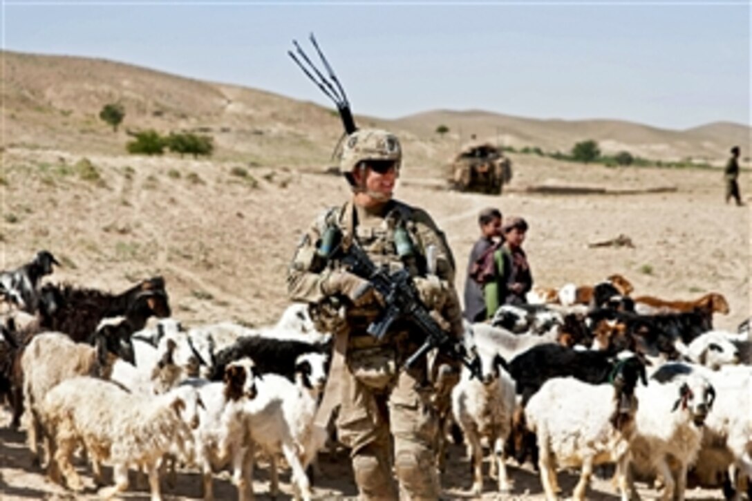 U.S. Army Spc. Kurt Anderson patrols outside a village in the Zabul Province of Afghanistan on May 26, 2013.  Anderson and his fellow soldiers from the 2nd Squadron, 1st Cavalry Regiment, 2nd Infantry Division were part of an Afghan-led search for weapon and explosive caches during a joint operation.  