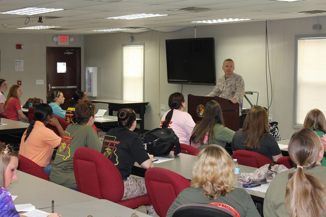 Commanding Officer Marine Corp Detachment Fort Leonard Wood, Colonel John R. Giltz welcomes spouses to Jayne Wayne Day.