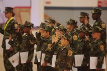 Members of the Young Marines program raise their right hands while reciting the Young Marine Creed during the class’ graduation ceremony aboard Camp Lejeune, N.C., June 1, 2013. The graduates learned many of the Marine Corps’ leadership principals, as well as the importance of leadership, discipline and teamwork in everything they do as Young Marines and American citizens. 