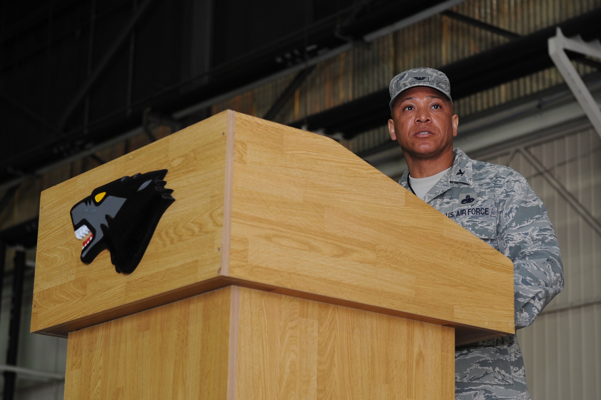 Col. Ray Lindsay, 8th Maintenance Group commander, speaks during a deactivation ceremony at Kunsan Air Base, Republic of Korea, May 31, 2013. The ceremony marked the drawdown of the 8th Maintenance Operations Squadron. (U.S. Air Force photo by Staff Sgt. Jonathan Fowler/Released)
