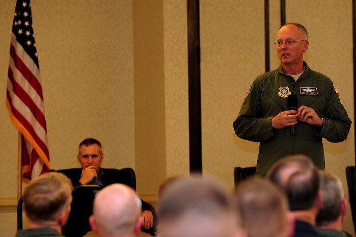 Lt. Gen. Robert  Allardice, Air Mobility Command vice commander, speaks to Joint Base Charleston leadership and honorary commanders after delivering the second to last C-17 Globemaster III to the base May 30, 2013, at JB Charleston, S.C. The first C-17 to enter the Air Force’s inventory arrived at Charleston Air Force Base in June 1993. The C-17 is capable of rapid strategic delivery of troops and all types of cargo to main operating bases or directly to forward bases in the deployment area. (U.S. Air Force photo/Staff Sgt. Rasheen Douglas)