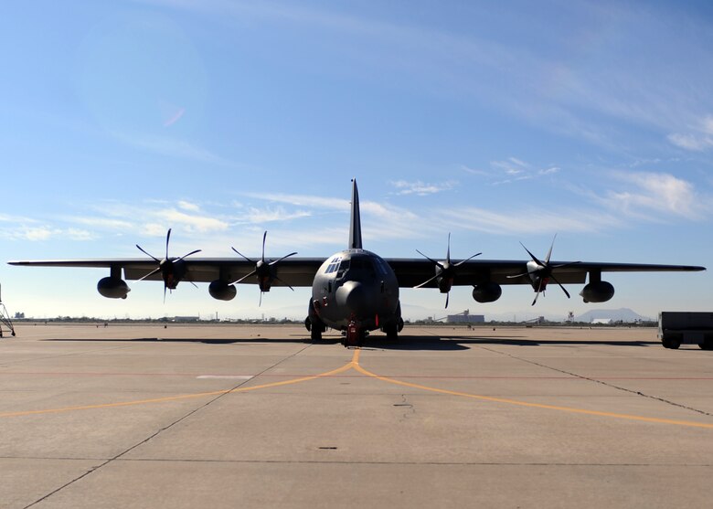 A New U.S. Air Force HC-130J Combat King II stand positioned on the flight line at Davis-Monthan Air Force Base, Ariz., Dec. 15, 2011. The HC-130J conducts missions from homeland defense to contingency operations. The aircraft conducts civilian and combat search and rescue, medical evacuations, disaster and humanitarian relief, security cooperation and non-combatant evacuations. (U.S. Air Force photo by Airman 1st Class Christine Griffiths/Released) 
