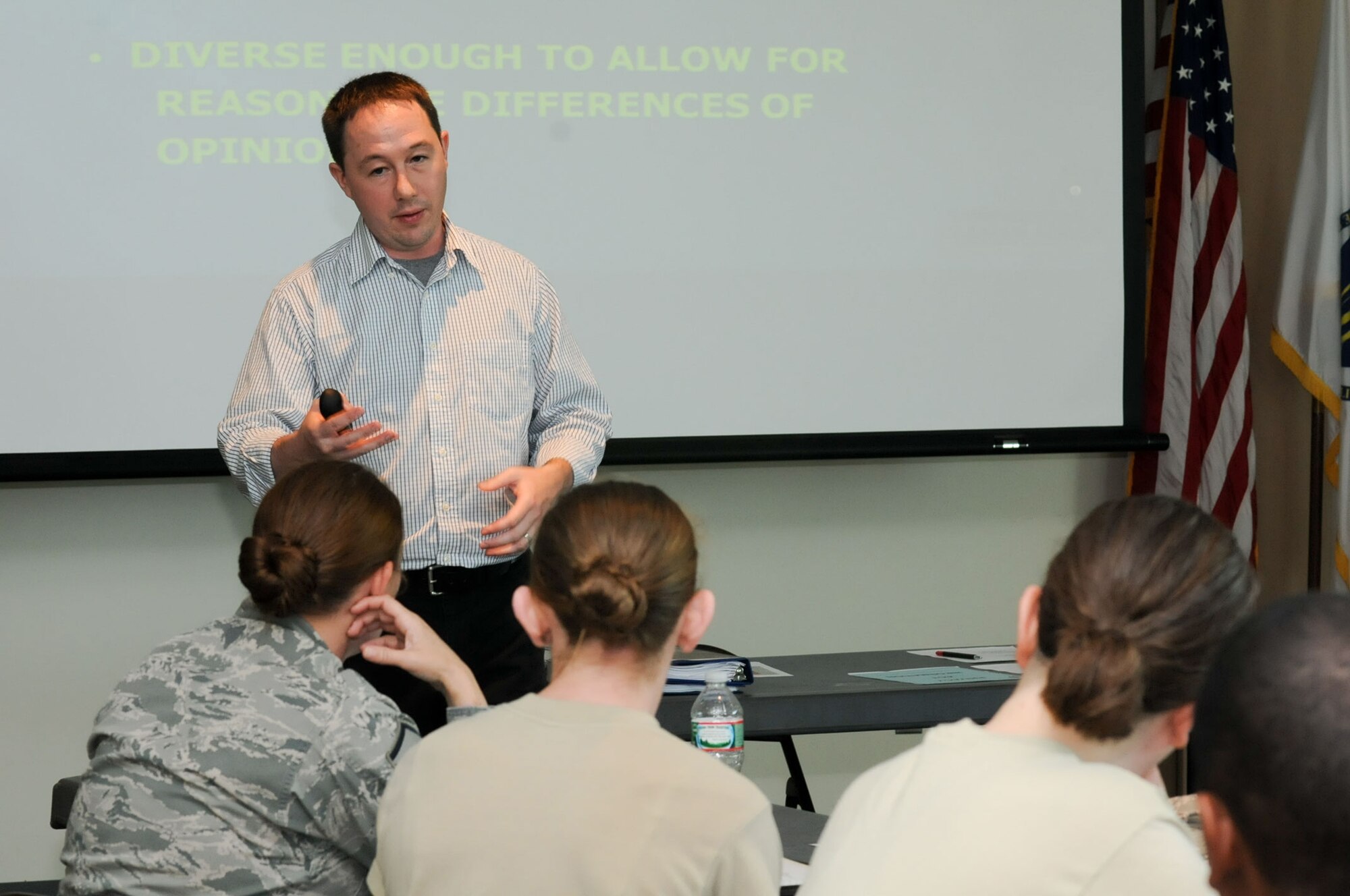 MCGHEE TYSON AIR NATIONAL GUARD BASE, Tenn. – Dustin Russell teaches the Instructor Certification Program, May 21, 2013, at Otis Air National Guard Base, Mass. Program managers traveled from the I.G. Brown Training and Education Center, McGhee Tyson Air National Guard Base to teach the two-week course, which is a requirement prior to teaching professional military education. (U.S. Air National Guard photo by Tech. Sgt. Kerri Cole/Released)