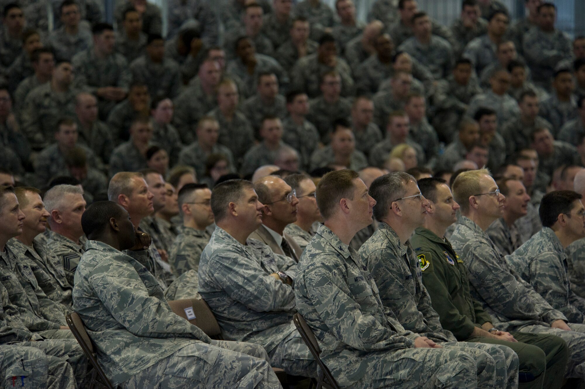 MINOT AIR FORCE BASE, N.D. -- Lt. Gen. James Kowalski, commander of Air Force Global Strike Command and his spouse Julanne Kowalski, visited Airmen from the 5th Bomb Wing here, May 28-30. During their visit, General Kowalski spoke with Airmen during an all call, where he discussed the importance of the AFGSC mission and budget concerns. (U.S. Air Force photo/Senior Airman Brittany Y. Auld)  