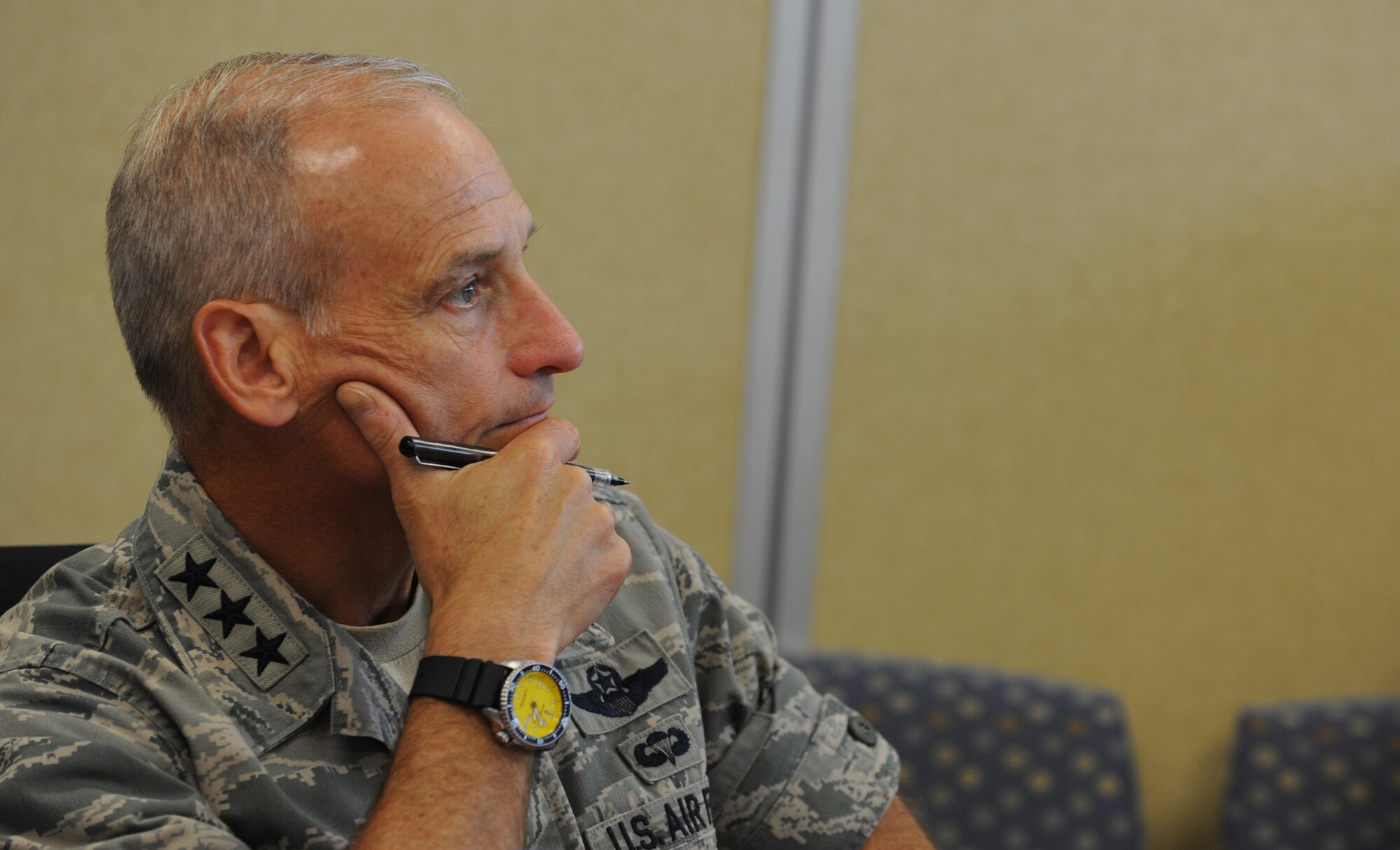 MINOT AIR FORCE BASE, N.D. -- Lt. Gen. James Kowalski, commander of Air Force Global Strike Command listens to a briefing at the 5th Bomb Wing here, May 28-30. During the visit, General Kowalski spoke with Airmen during an all call, where he discussed the importance of the AFGSC mission and budget concerns. (U.S. Air Force photo/Airman 1st Class Stephanie Ashley)  