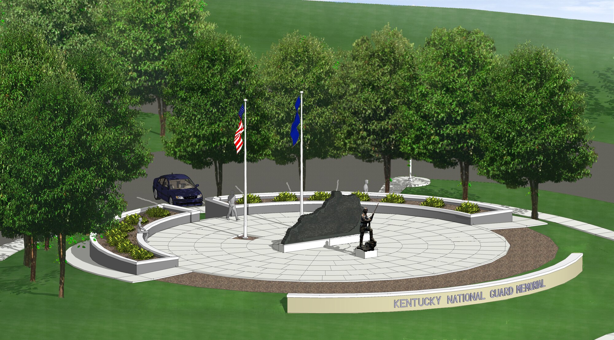 The proposed Kentucky National Guard Memorial will feature the names of hundreds of Kentucky Army and Air National Guardsmen and women who made the ultimate sacrifice in service to their state and nation. The monument is slated for construction near the entrance to Boone National Guard Center in Frankfort, Ky. (Image courtesy Kentucky National Guard Memorial Fund)