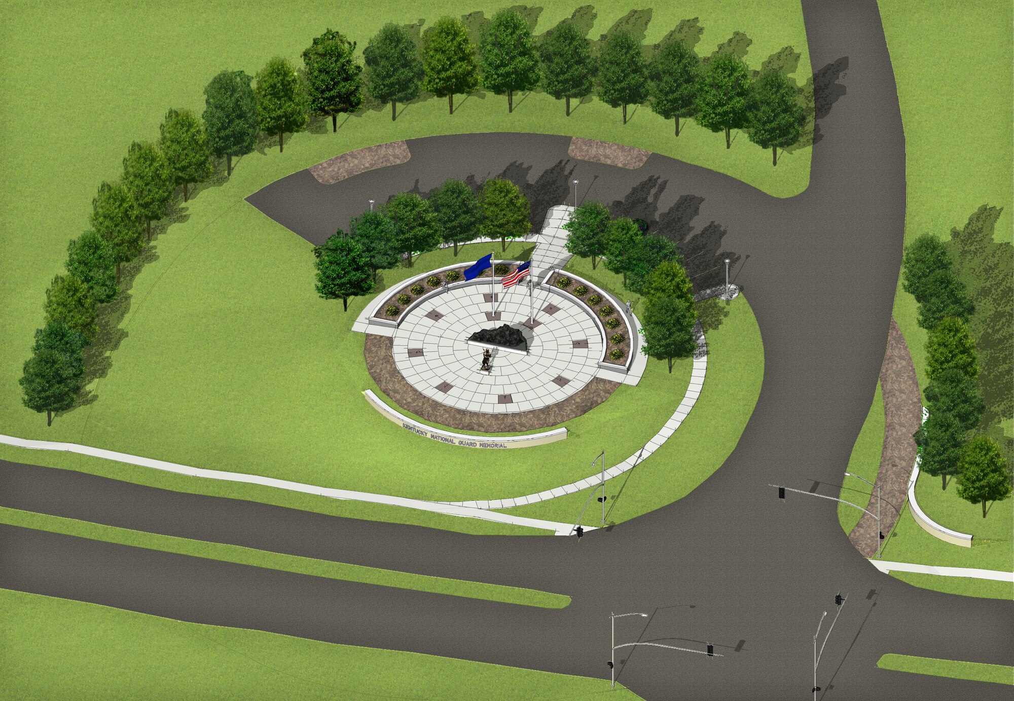 The proposed Kentucky National Guard Memorial will feature the names of hundreds of Kentucky Army and Air National Guardsmen and women who made the ultimate sacrifice in service to their state and nation. The monument is slated for construction near the entrance to Boone National Guard Center in Frankfort, Ky. (Image courtesy Kentucky National Guard Memorial Fund)