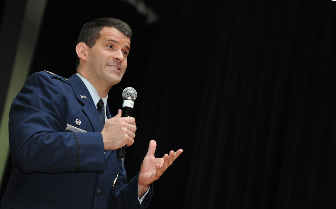 Col. (Dr.) Thomas J. Cantilina took command of the 779th Medical Group at a change of command ceremony on June 5, 2013 at Joint Base Andrews, Md. Cantilina will have primary responsibility for 1,356 Airmen and civilians operating in four locations to include Malcolm Grow Medical Clinic and Surgery Center. They provide health service support to Joint Base Andrews, primary health care to 30,000 enrolled beneficiaries, and specialty health care to over 600,000 Department of Defense beneficiaries in the National Capital Region. He also has oversight of a 45-bed aeromedical staging facility that serves as the aeromedical evacuation hub for the East Coast, receiving wounded, ill, and injured warriors back to the continental United States. (U.S. Air Force photo)