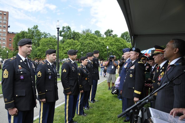 BOSTON – Gov. Deval L. Patrick; Gen. Frank J. Grass, Chief, National Guard Bureau and member of the Joint Chiefs of Staff; and Maj. Gen. L. Scott Rice, The Adjutant General, Massachusetts National Guard, thank Soldiers for their efforts in response to the Boston Marathon Bombings during a ceremony on Boston Common June 3, 2013. Thirteen Massachusetts National Guardsmen and one New York Guardsman received awards during the ceremony. (U.S. Army National Guard photo by Sgt. 1st Class James C. Lally, Massachusetts National Guard Public Affairs/Released)
