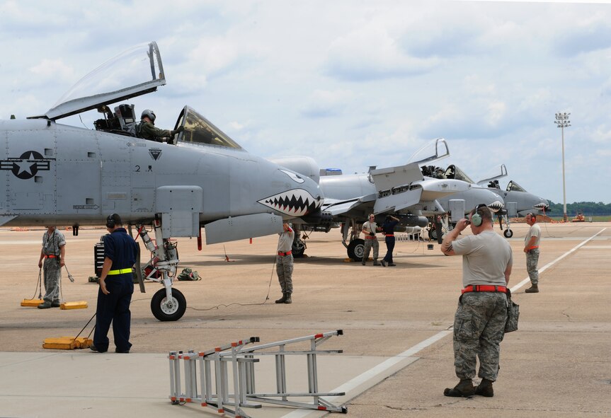 A-10 Thunderbolt II fighters from Moody Air Force Base, Ga., sit on the flightline at Barksdale Air Force Base, La., June 4, 2013. The Airmen, from Moody, are participating in Green Flag East, which gives aircrew the opportunity to train for future deployments. The A-10 is designed for close air support and is capable of delivering large and varied ordinance accurately on targets. (U.S. Air Force photo/Airman 1st Class Benjamin Gonsier)