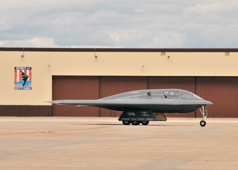 The B-2 "Spirit of Hawaii"  taxies at Whiteman Air Force Base, June 1, 2013. Onboard, pilot Lt.Col Michael Means, 131st Bomb Wing, Missouri Air National Guard, on his final flight before his retirement.  Means holds the B-2 flying hours record for the Air National Guard with 1765.8 hours and is second ranking of both active and guard pilots (retired and currently flying). (U.S. Air National Guard Photo by Senior Master Sgt. Mary-Dale Amison/RELEASED)