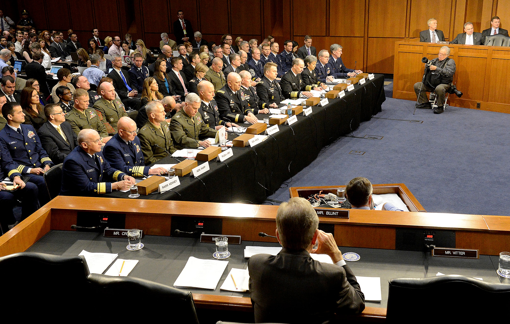Air Force Chief of Staff Gen. Mark A. Welsh III and the Judge Advocate General Lt. Gen. Richard Harding appear before the Senate Armed Services Committee June 4, 2013, in Washington, D.C. During the hearing they testified alongside the chairman of the Joint Chiefs of Staff and the service chiefs from the other branches about combating sexual assault in the military. (U.S. Air Force photo/Scott M. Ash)
