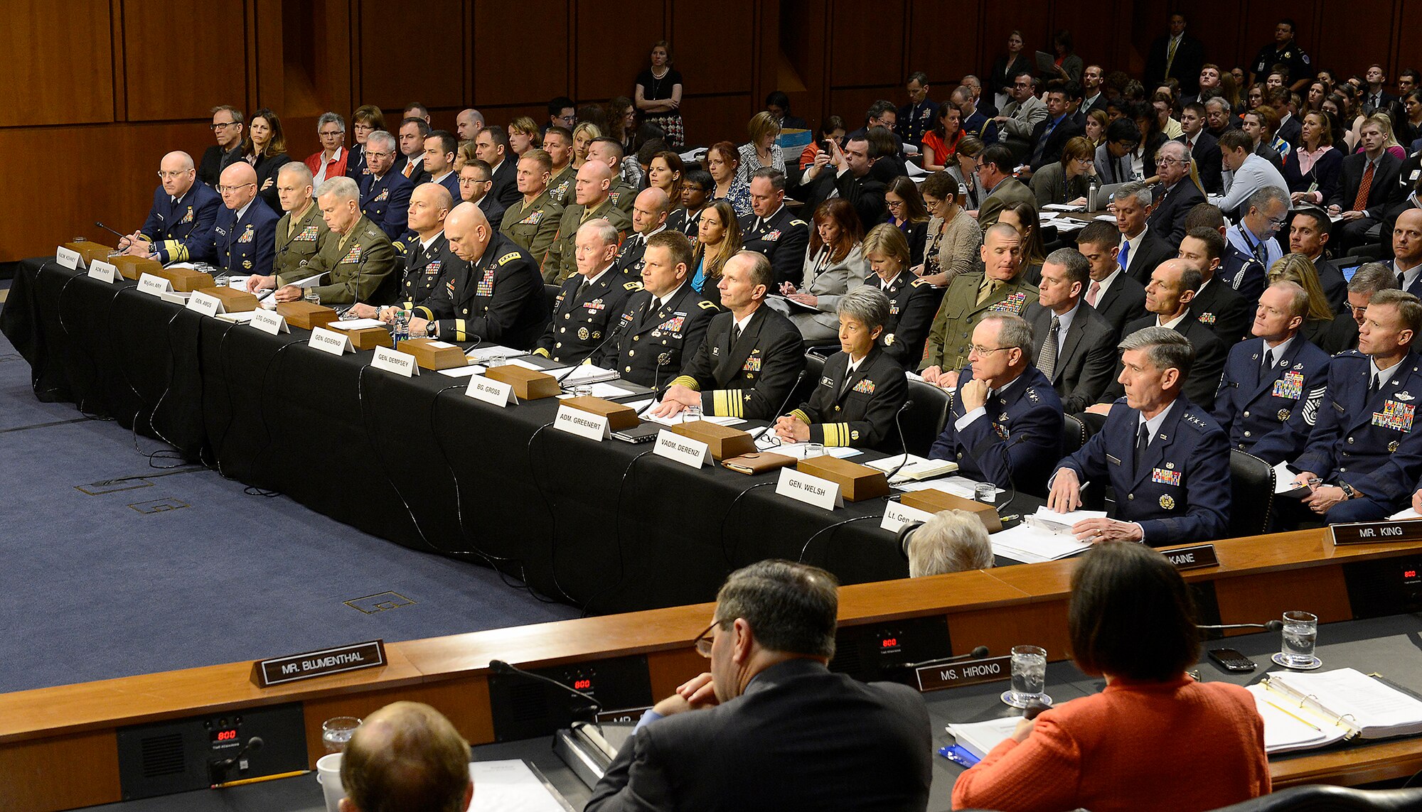 Air Force Chief of Staff Gen. Mark A. Welsh III and the Judge Advocate General Lt. Gen. Richard Harding appear before the Senate Armed Services Committee June 4, 2013, in Washington, D.C. During the hearing they testified alongside the chairman of the Joint Chiefs of Staff and the service chiefs from the other branches about combating sexual assault in the military. (U.S. Air Force photo/Scott M. Ash)
