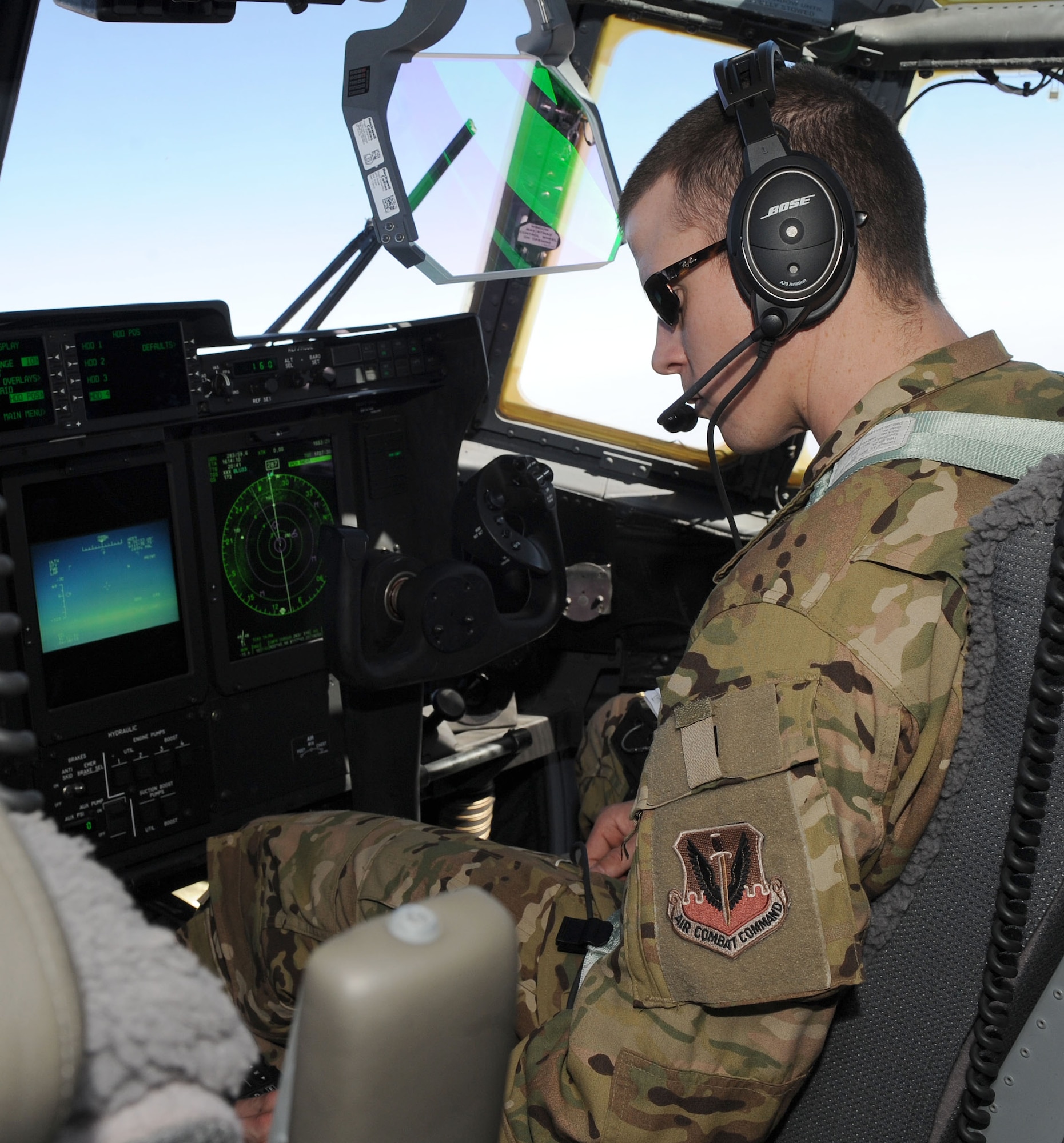U.S. Air Force Capt. Edward Montgomery, 79th Rescue Squadron, flies the HC-130J Combat King II over San Diego, Calif. in support of Angel Thunder April 18. The 79th RQS is preparing to take the new HC-130J Combat King II on its first ever real world deployment in support of contingency operations. (U.S. Air Force photo by Senior Airman Brittany Dowdle)