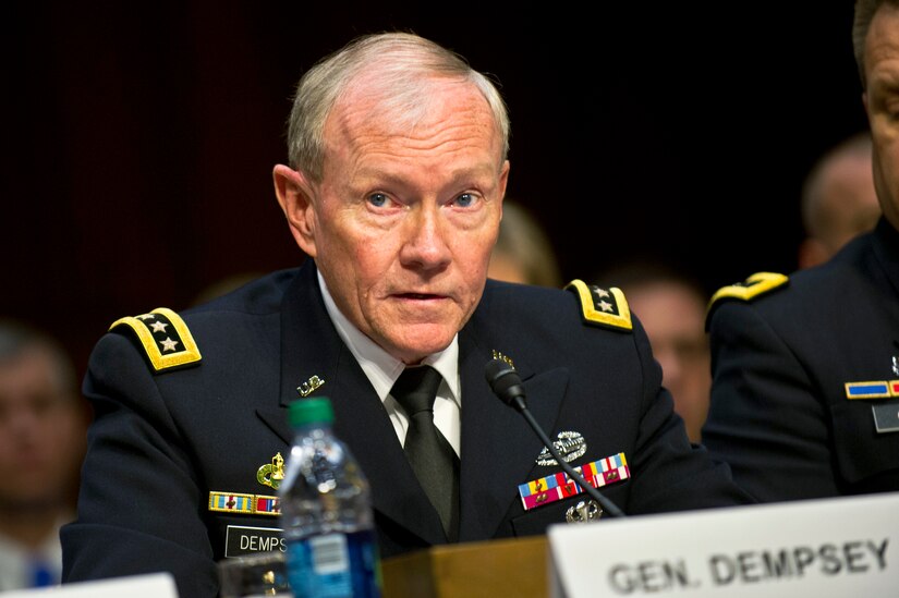 U.S. Army Gen. Martin E. Dempsey, chairman of the Joint Chiefs of Staff, testifies on sexual assault in the military before the Senate Armed Services Committee in Washington, D.C., June 4, 2013. U.S. (U.S. Army photo by Staff Sgt. Teddy Wade/Released)  
