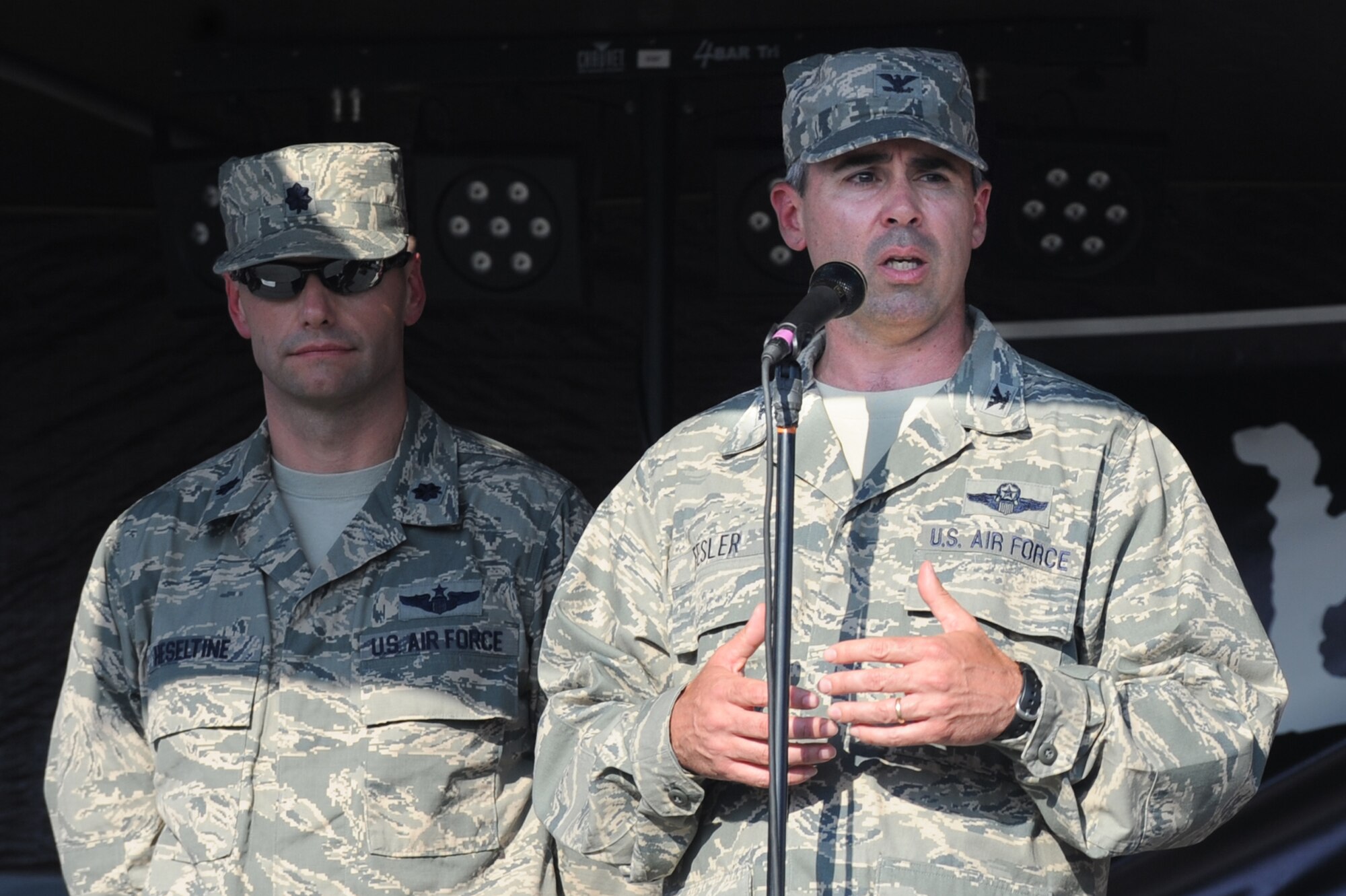 U.S. Air Force Col. Kevin Fesler, 4th Fighter Wing vice commander, speaks to a crowd during the Center Street Jam at the Waynesborough House in Goldsboro, N.C., May 30, 2013.  Fesler thanked the Goldsboro and Wayne County communities for their continued support of Seymour Johnson Air Force Base.  (U.S. Air Force photo by Airman 1st Class Brittain Crolley/Released)
