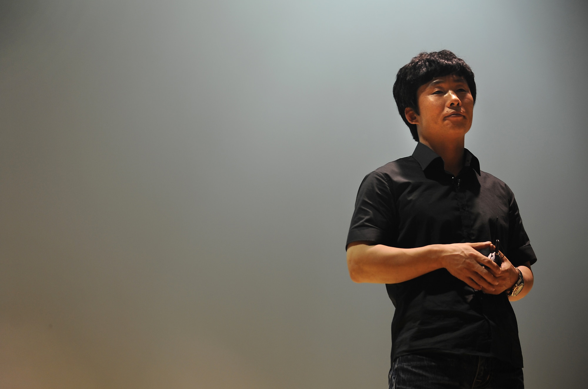 Kim Hyuk, North Korean defector and public speaker, gives his testimony of how he lived and escaped North Korea at Osan Air Base, Republic of Korea, May 31, 2013. Hyuk was 19 years old when he arrived at Incheon Airport in South Korea and has since earned a masters degree. (U.S. Air Force photo/Staff Sgt. Sara Csurilla)  