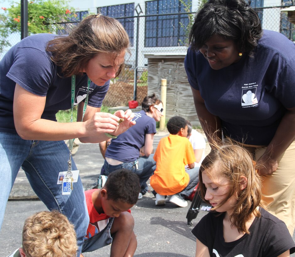 NORFOLK -- Science teacher Jessica Grell (left) and district volunteer Jameka Hargett work with a group of Seatack Elementary students.