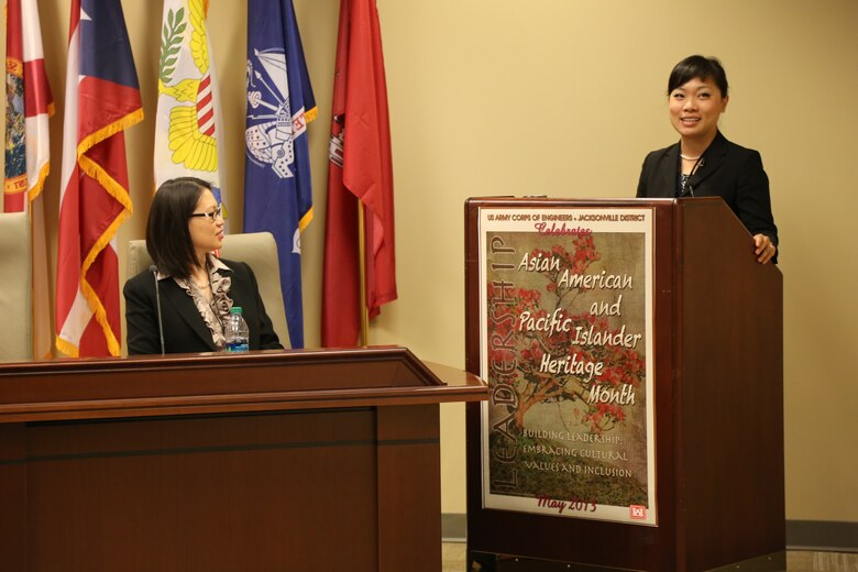 Florence Chen (right), a partner at Yau Law Firm, spoke to Jacksonville District employees May 13 for Asian American and Pacific Islander Heritage Month. Chen attended Florida Coastal School of Law and was involved in various honor societies and groups, included the nationally recognized Moot Court Honor Board and Mock Trial. Sandra Moschetierri, chief of the Finance and Accounting Branch (left) was the mistress of ceremonies for the event. 